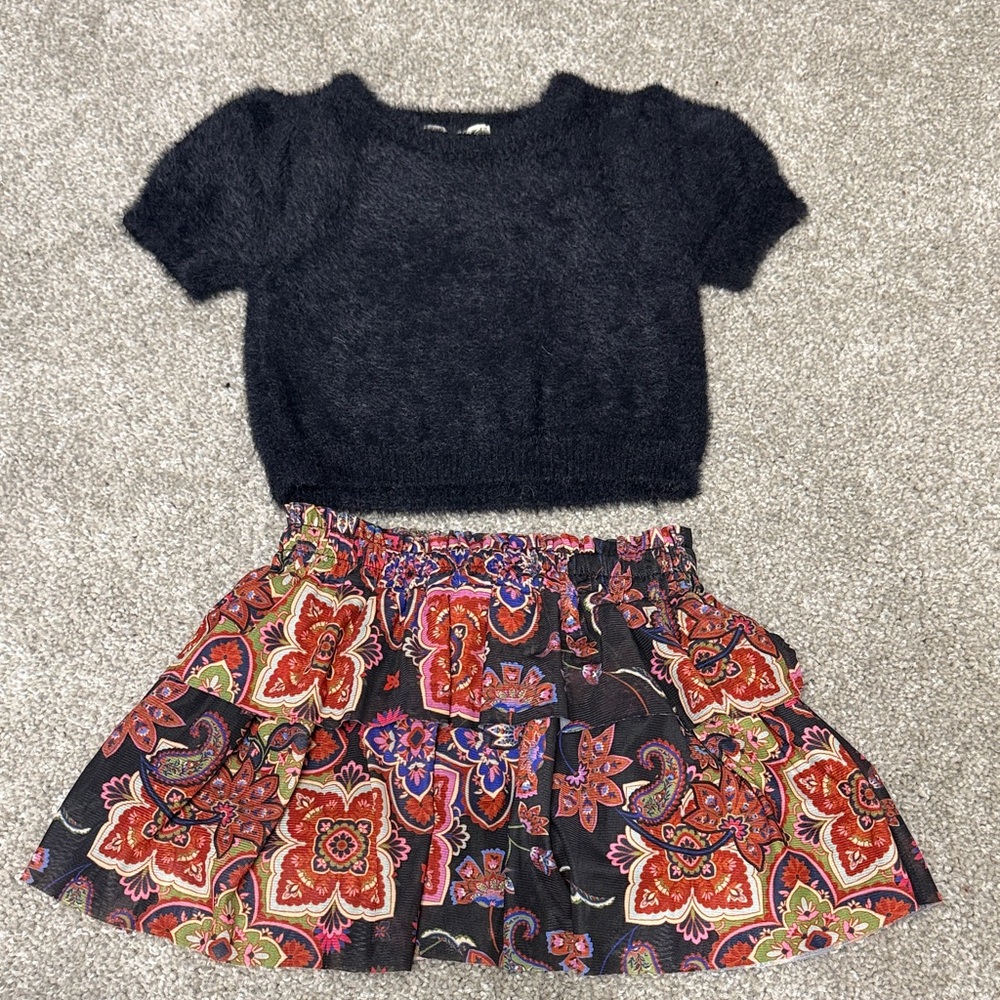 Chelsea & Violet Black Top with Red Floral Skirt Set